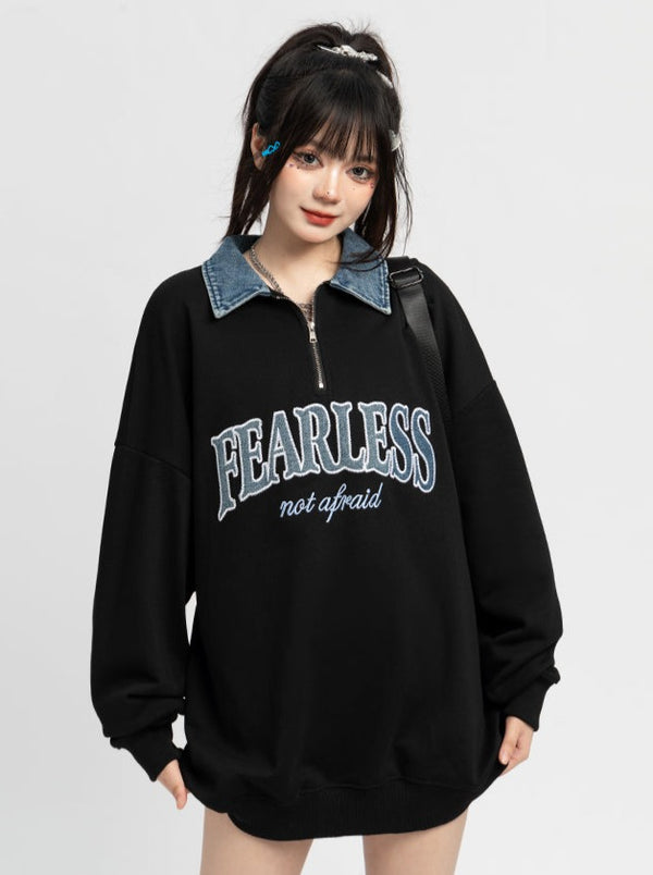 American Retro Denim Polo Collar Sweatshirt