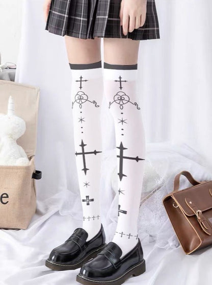 Gothic Cross Print Knee-High Socks