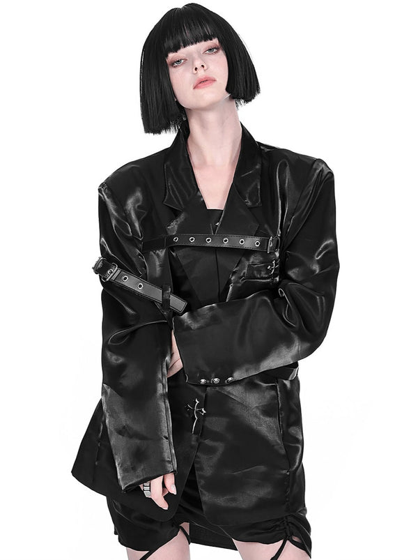 Metallic Black Belt Loose Cloth Suit Jacket