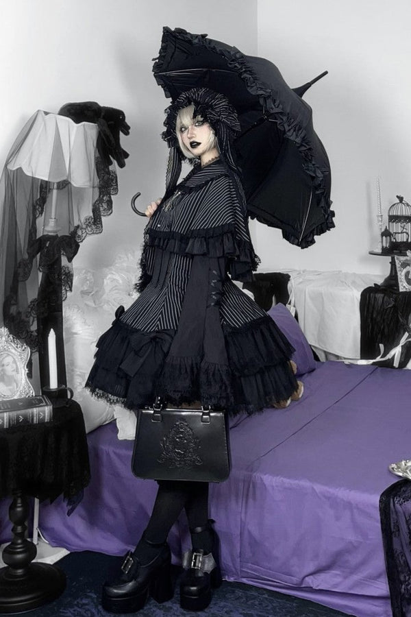 ラビットダークゴシックホワイトブラックストライプケープドレスフルセット