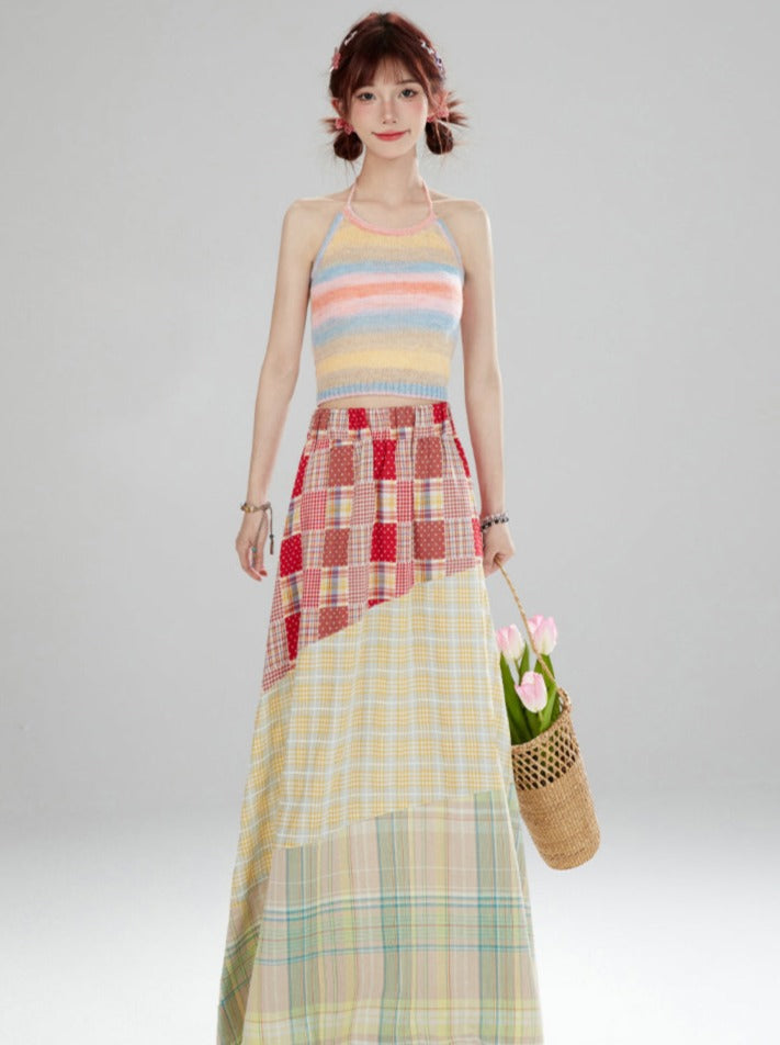 Limited time 95% off 11SH97 design sense stitched checked skirt women's summer contrasting large hem to cover the flesh of the midi skirt