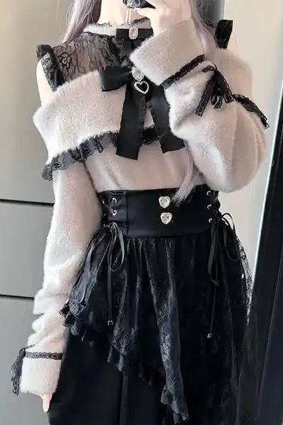 [Reservations] Galaxy Clear Series Black Lace Off-the-shoulder Ribbon Flap Knit Top