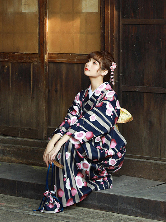 Ensemble 5 pièces de yukata féminin Taisho Roman cherry blossom