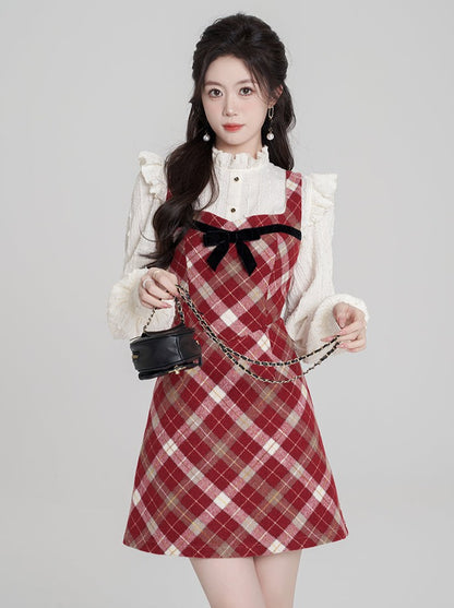 Retro French Red Check Suspender Dress + Ruffle Sleeve Blouse