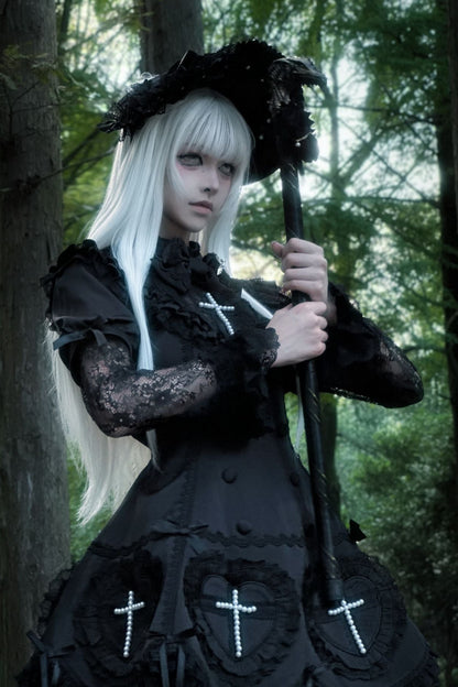 【12月6日予約締切】Night Crossダークエレガントゴシックロリータジュエルリボンケープ＋ショートドレス