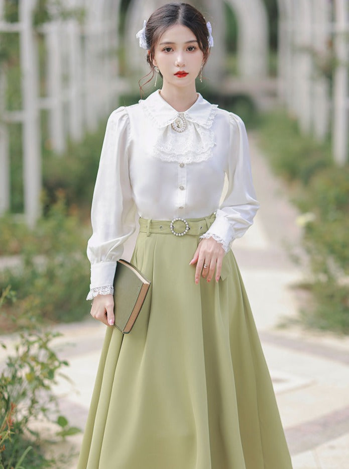 French Style Shirt Green Long Skirt Belchic