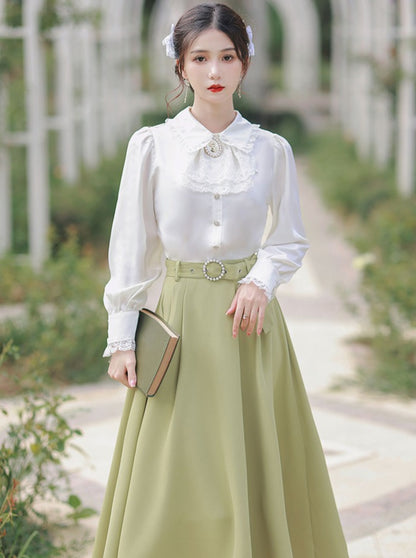 French Style Shirt + Green Long Skirt