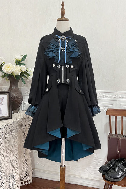 Dark mode asymmetrical jacket + dress + pants