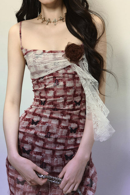 Red Check Slit Camisole Dress