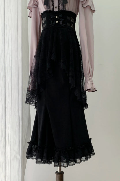 [Termine prenotazione 29 settembre] Blusa rosa in pizzo trasparente con volant e fiocco gioiello + gonna a sirena in tulle a strati + minigonna in pizzo con fiocco gioiello