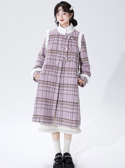 Purple Horn Button Check Stand Collar Wool Coat