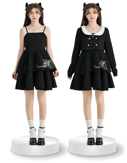 Rose Fragrance Suit Pearl Color Black Glitter Short Jacket + Suspender Dress [Reserved Item].