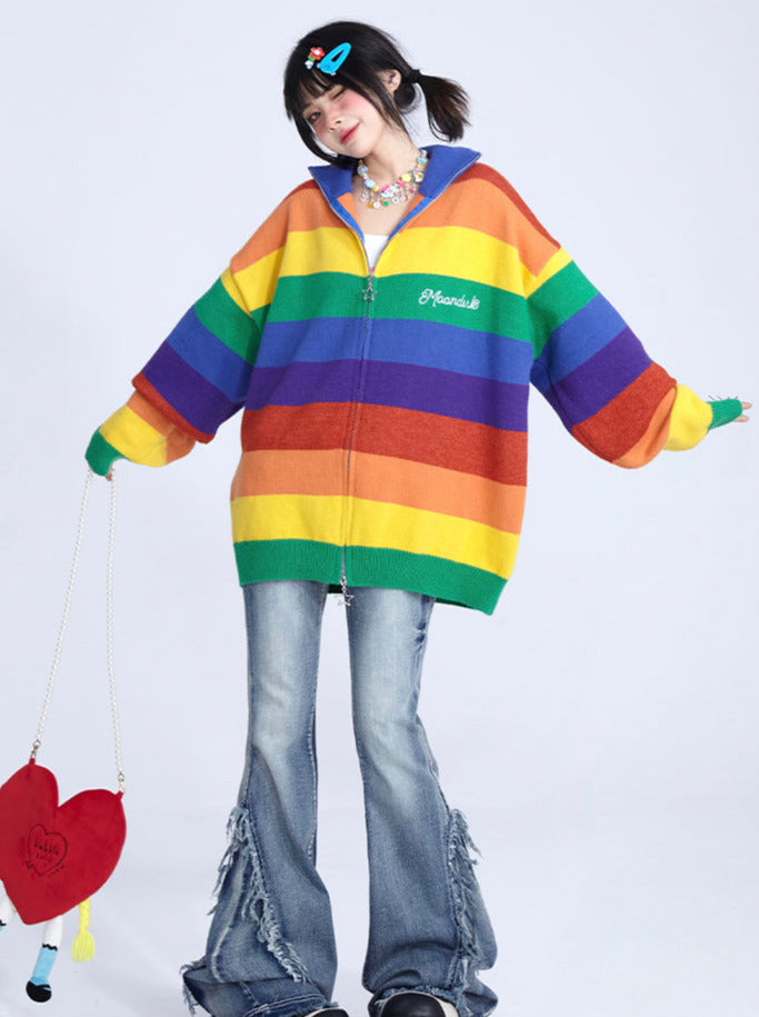 Rainbow Stripe Barbie Girl Knit Zip Cardigan