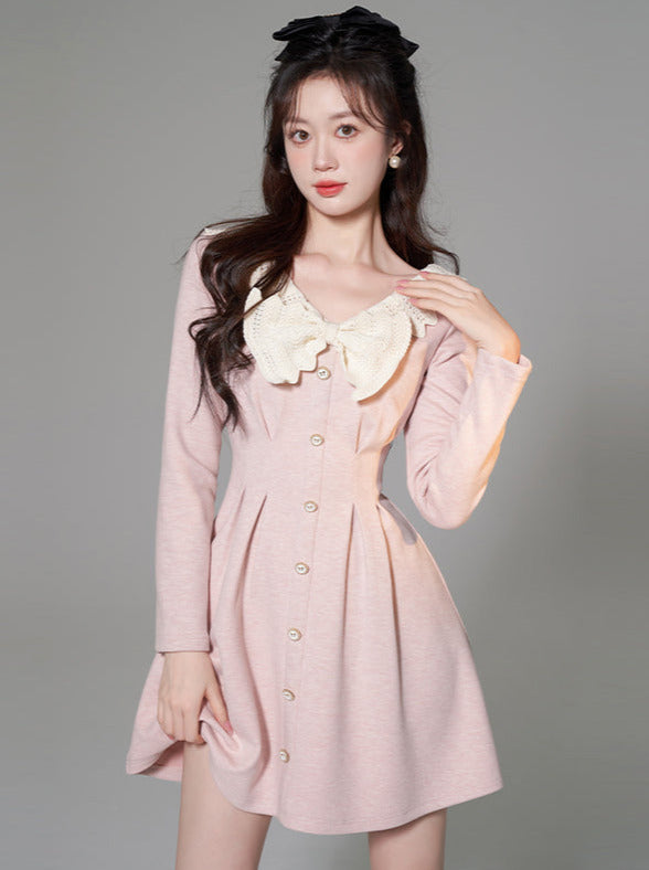 White Ribbon V-Neck Pink High-End Slim Waist Dress