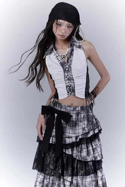 Y2Kダークパッチワークベストトップス
