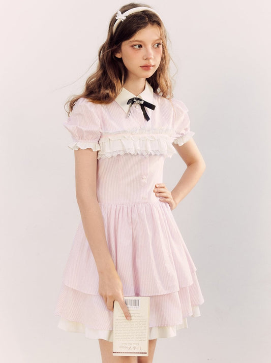 粉色条纹蕾丝收腰衬衫裙