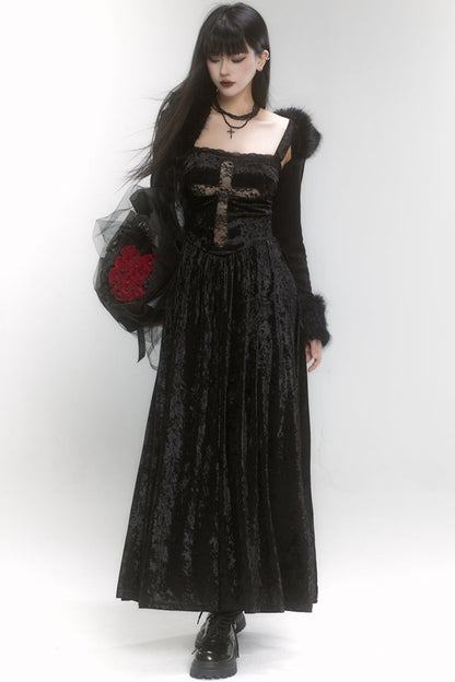 Velvet Lace Cross Long Dress + Shawl