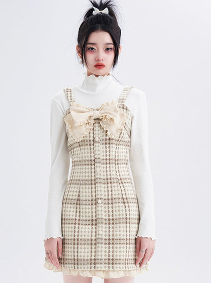 Retro check frill ribbon suspender dress