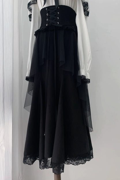 [Pre-order Deadline: October 30] Elegant Gothic White and Black Lace Off-Shoulder Long-Sleeve Ribbon Frill Blouse + Black Layered Lace Long Skirt