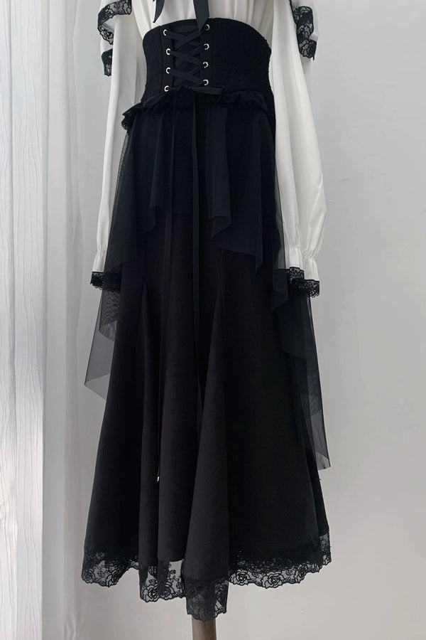 [Pre-order Deadline: October 30] Elegant Gothic White and Black Lace Off-Shoulder Long-Sleeve Ribbon Frill Blouse + Black Layered Lace Long Skirt