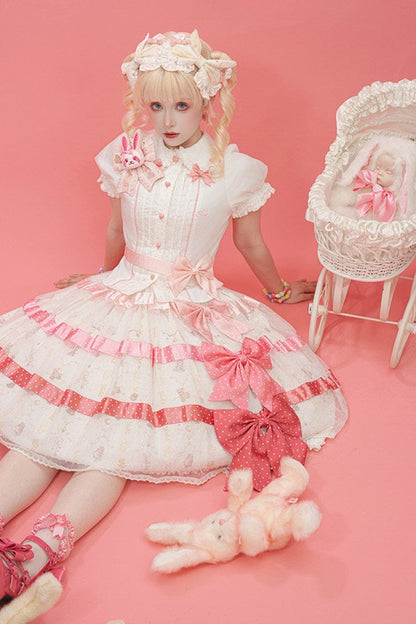 [Reservierungsschluss am 105] Sweet-Lolita-Hemd mit Peter-Pan-Kragen, Polka-Dots und Taillenband + Rock mit dreifacher Schleife + Set