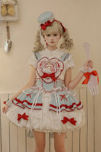 [Pre-order Deadline: September 27] Twin Tiered Lolita Dot Ribbon Striped Dress + Flower Bud Skirt Dress