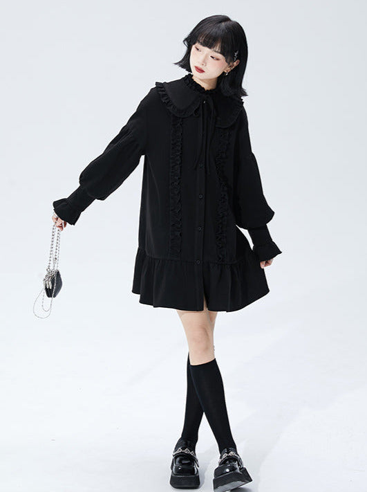 Volume sleeve ruffle dress with ruffled collar