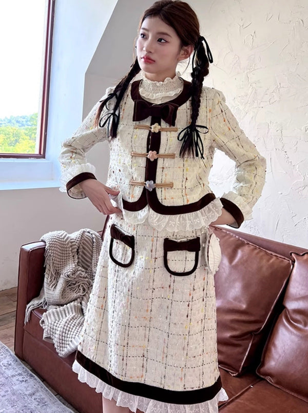 カラフルチェックツイードトップス＋ツイードミディアムスカート