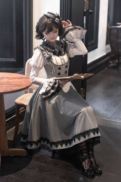 [Pre-order Deadline: May 19] Gray-Black Classic Lolita Top, JSK One-Piece & Bow Tie 3-Piece Ensemble