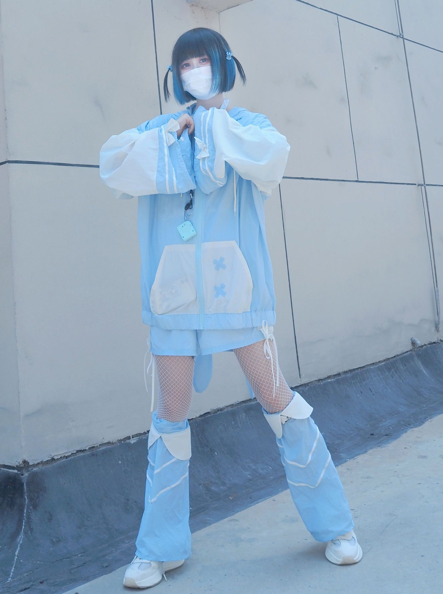 [Angel Neighborhood👼Aqua Angel Subculture Hooded Parka + Ribbon Shorts + Leg Warmers