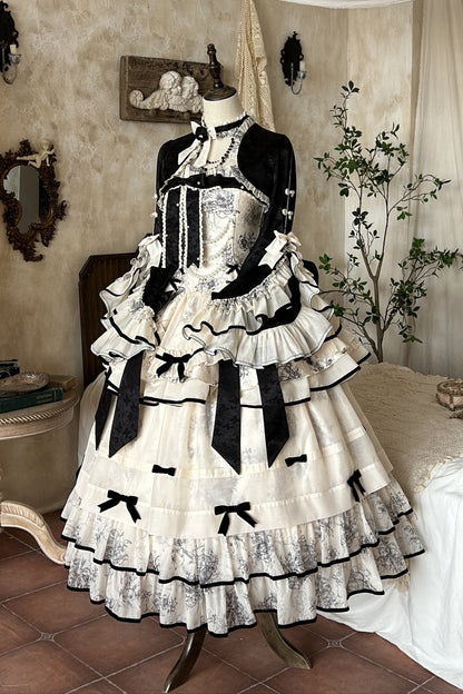 [Pre-order item] Brandy French Pearl Elegant Bustier Dress + Long Skirt + Black Jacquard Jacket + Complete Accessories