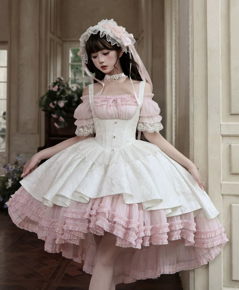 【4月28日予約締切】ピンク×ホワイトエレガントゴシックロリータコルセットレイヤードJSKドレス＋オフショルダーレースパフトップス