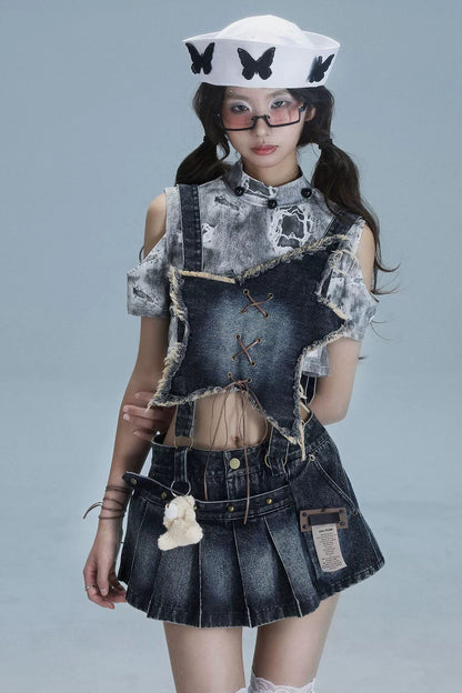 Y2Kスターデニムオーバーオールスカート+インナートップス