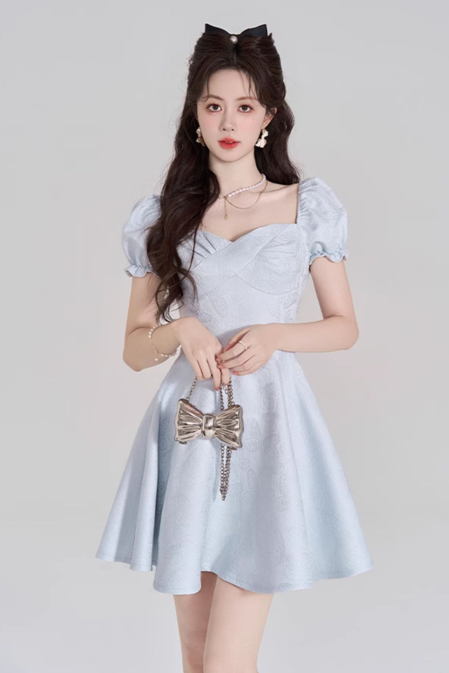 Blue Sweet French Puff Sleeve Dress