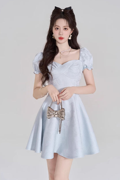 Blue Sweet French Puff Sleeve Dress