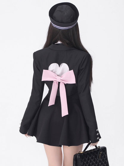 Back ribbon jacket + blouse + flared skirt