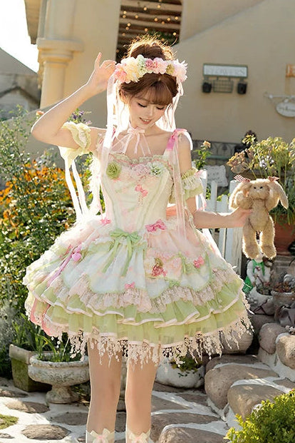 [Clôture des réservations le 10/8] Robe lolita corset à volants en dentelle florale rose x vert doux + ensemble complet (coiffe couronne florale avec voile + manches amovibles)