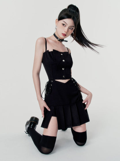 Punk rock lace-up split sass bustier dress + check short jacket