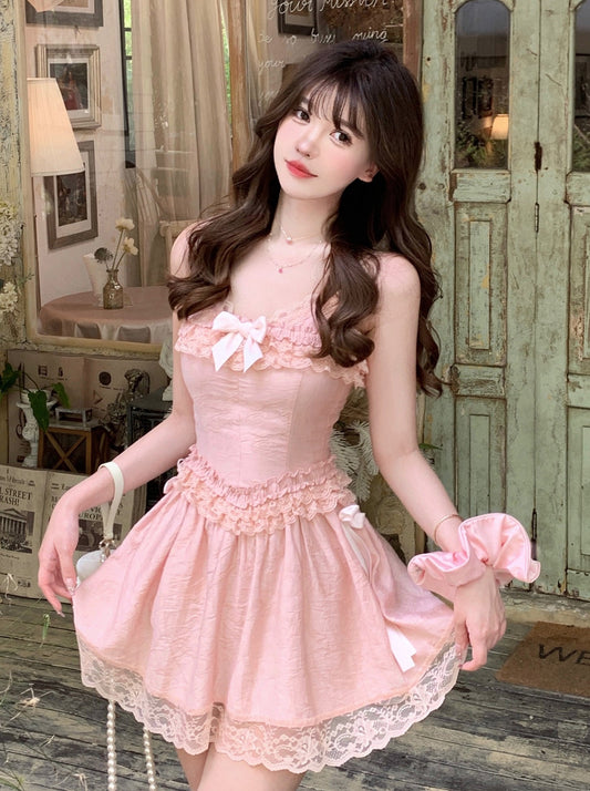 CreamySweet [4/28 20 点新品 95 折] 玫瑰粉色和薄荷色蕾丝太阳裙