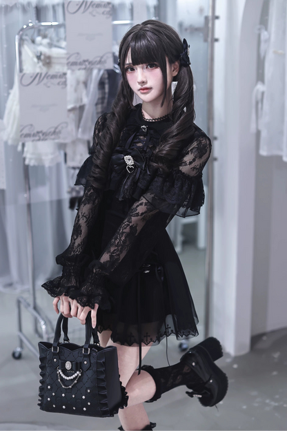 【9月15日予約締切】Black Dark Gothic Sheer Lace Dress Set (Includes Inner Shorts + Rhinestone Bow Tie)