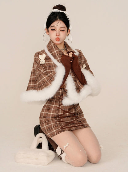 Check Rabbit Fur Mant + Tight Lace Up Suspender Skirt [Reserved Item].