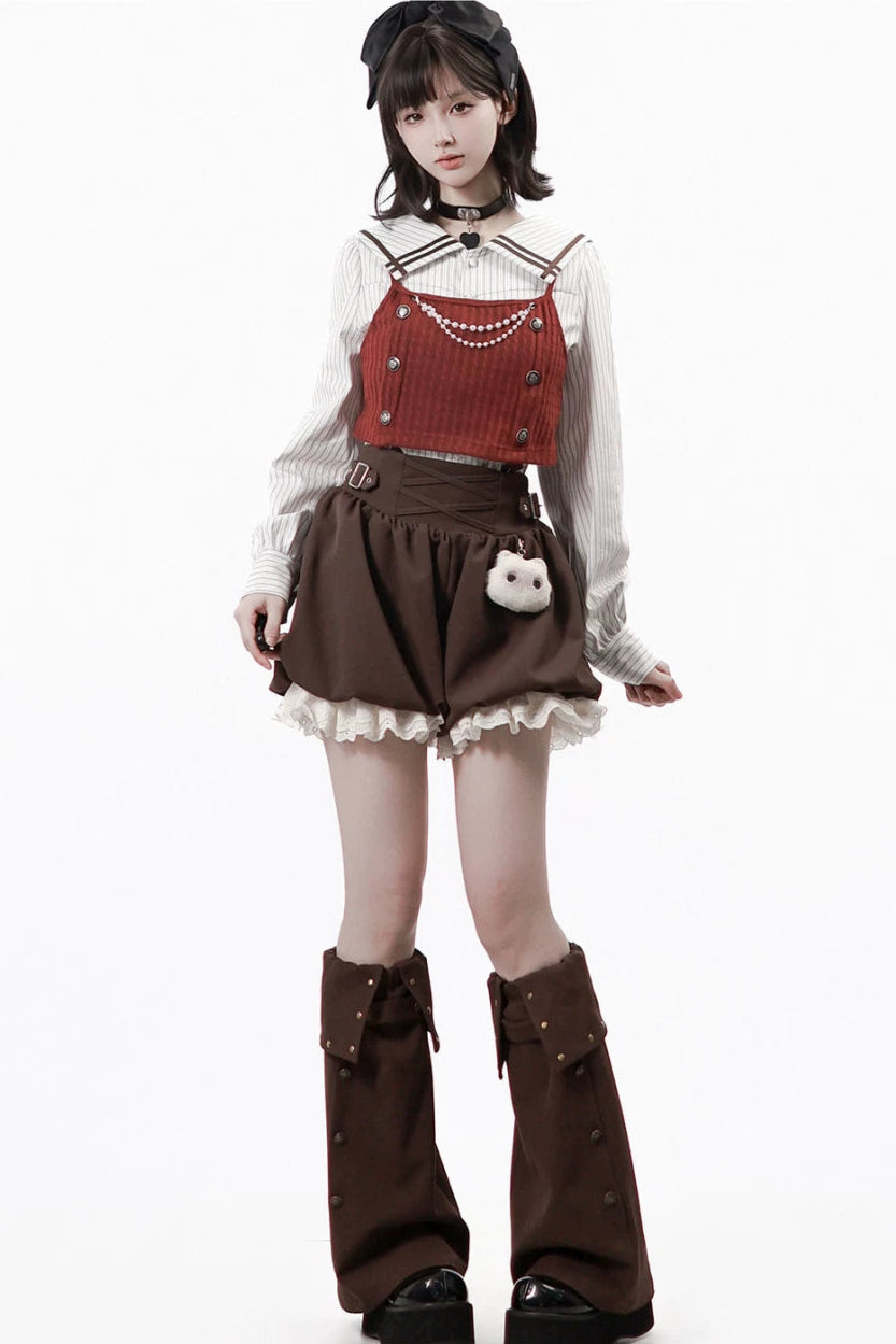 フードトップス+シャツ+スカート+レッグウォーマー+ベスト