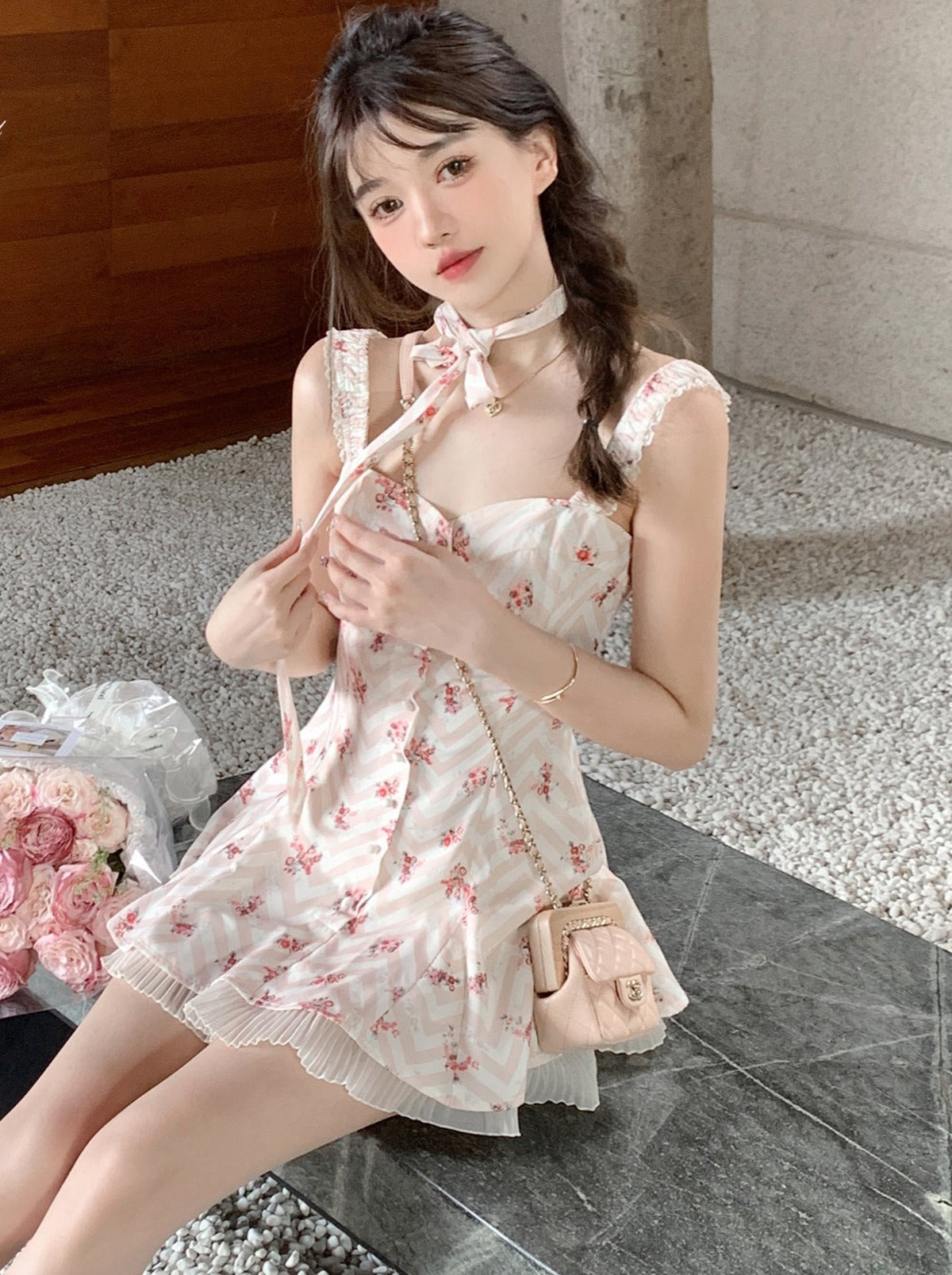[Pre-order item] Sweet Retro Girly Flower Camisole Dress