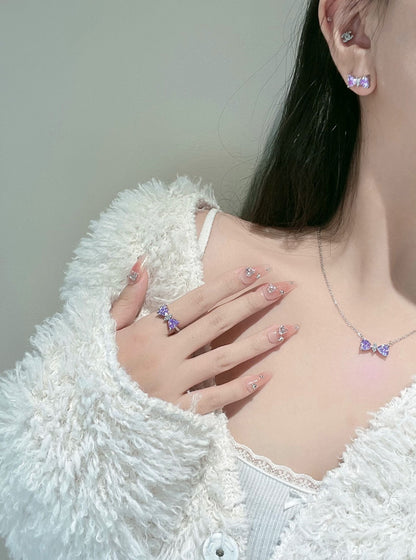 Purple crystal ring + necklace + earrings