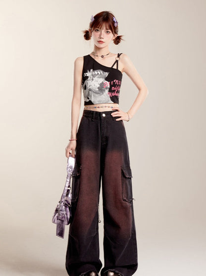 Gradient Spray Color Wide Leg Jeans