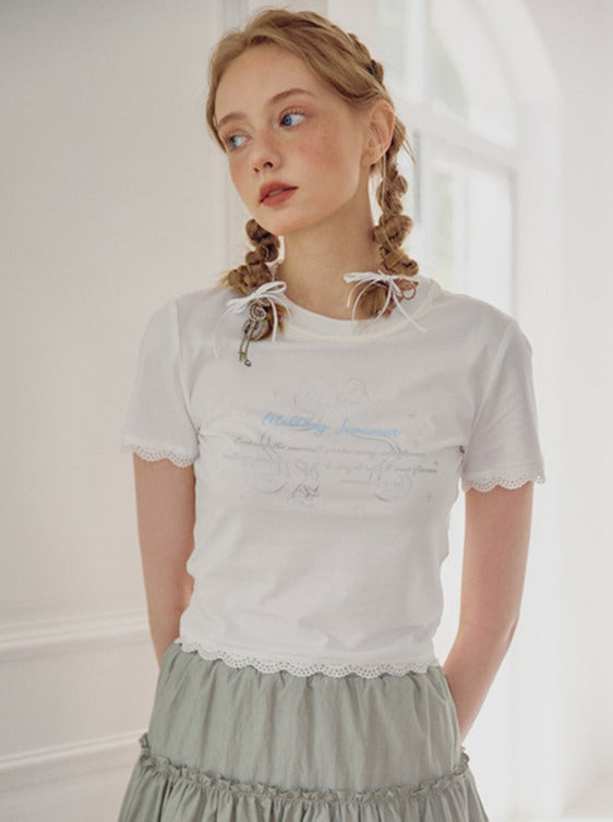 Lace stitch ballet print T -shirt