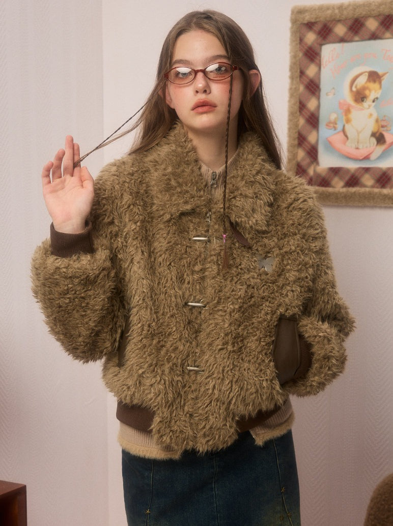 Neck Belt Lapel Lamb Wool Short Boa Coat