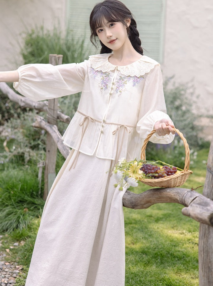 川黛时光：葡萄架下 圆领对襟民族风葡萄刺绣少女汉元素日常套装