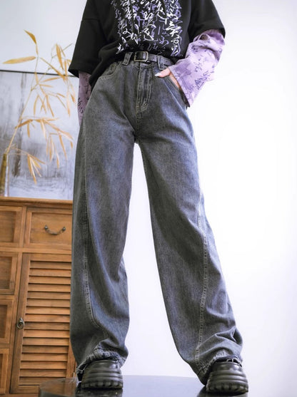 Retro gray wide leg loose straight slim jeans