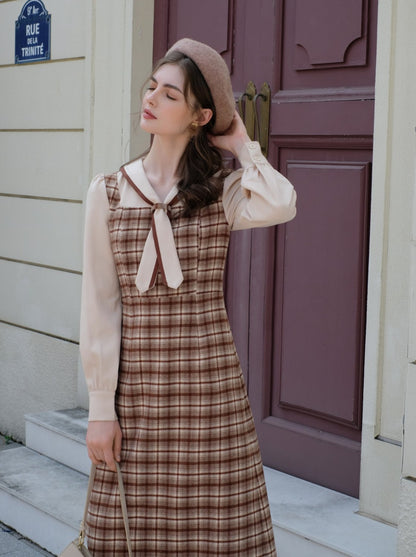 Queen Maillard French Retro Faux Retro Faux Two Piece Wool Check Dress